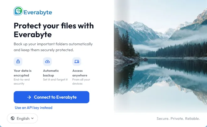 Inicio de sesión de Desktop Backup con conexión mediante cuenta Everabyte o clave API