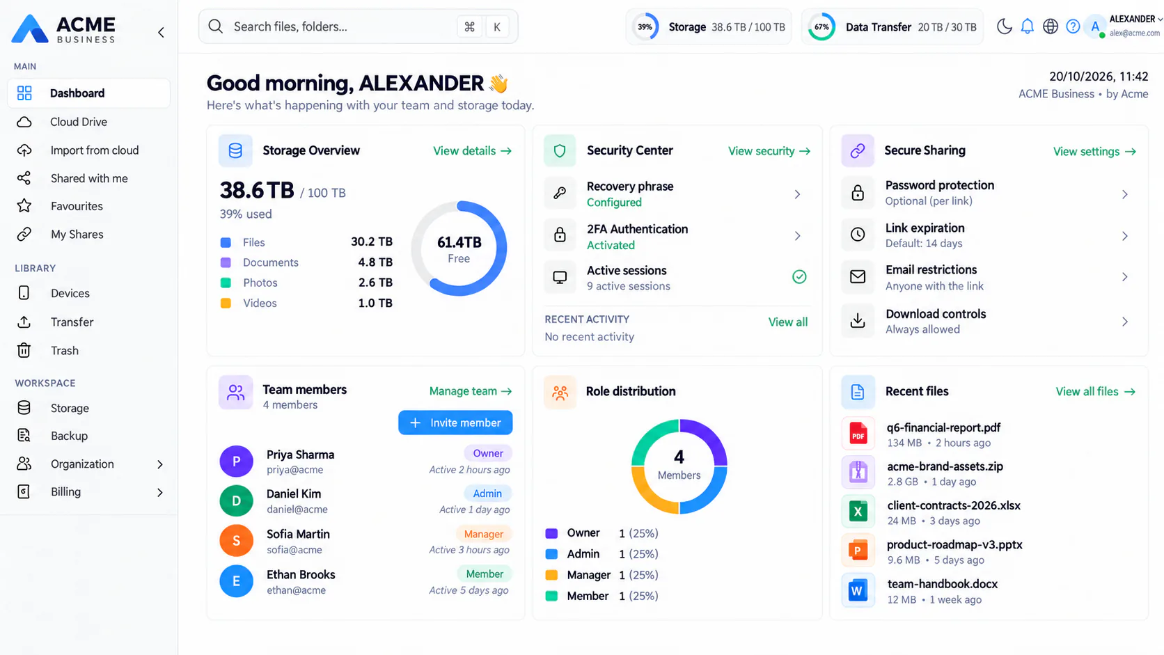 ACME-Business-White-Label-Dashboard für Cloud-Speicher mit Speichernutzung, Sicherheitseinstellungen und Teamverwaltung in EverBlaze.