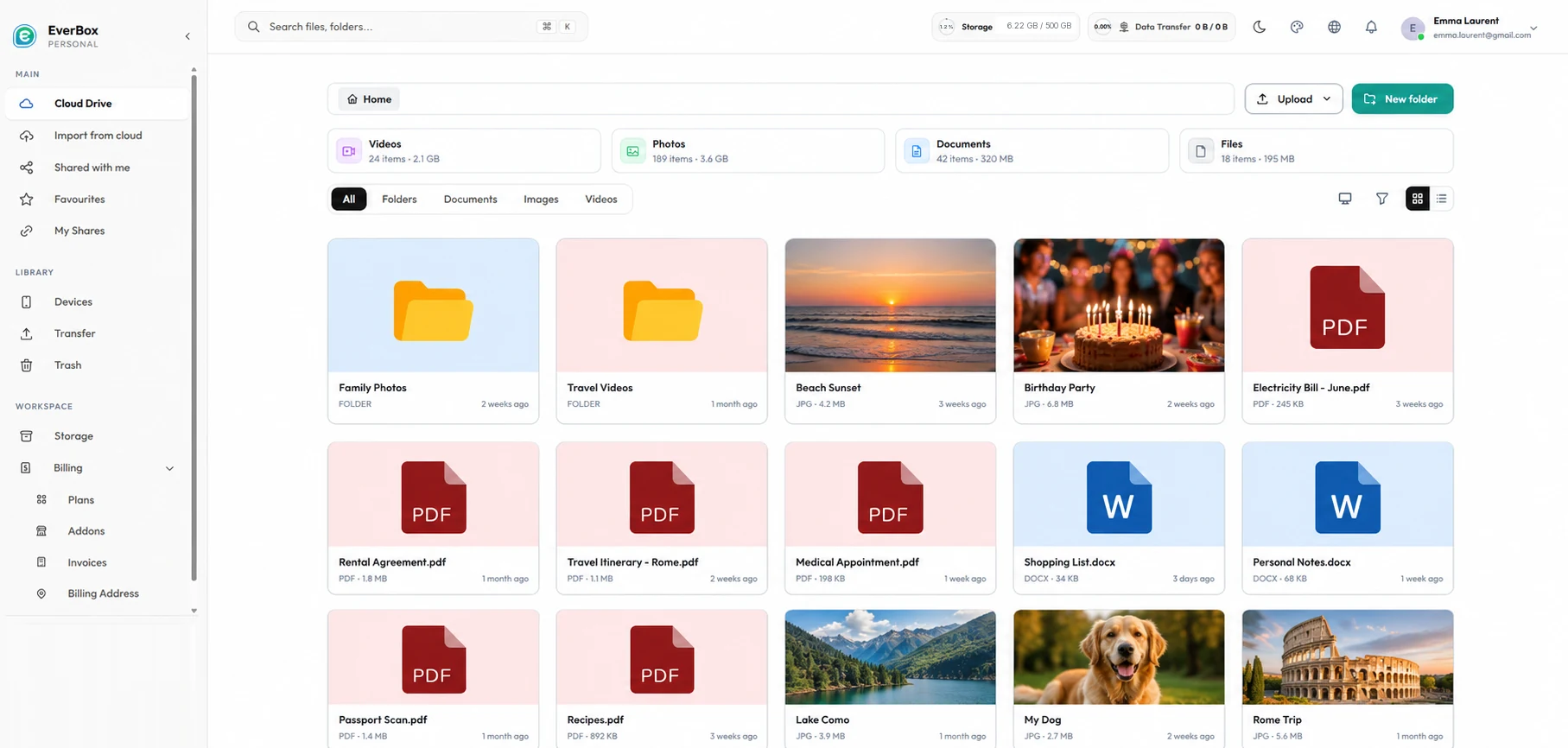 EverBox-Personal-Oberfläche für persönlichen Cloud-Speicher mit Familienfotos, Reiseerinnerungen, persönlichen Dokumenten und geordneten Ordnern.