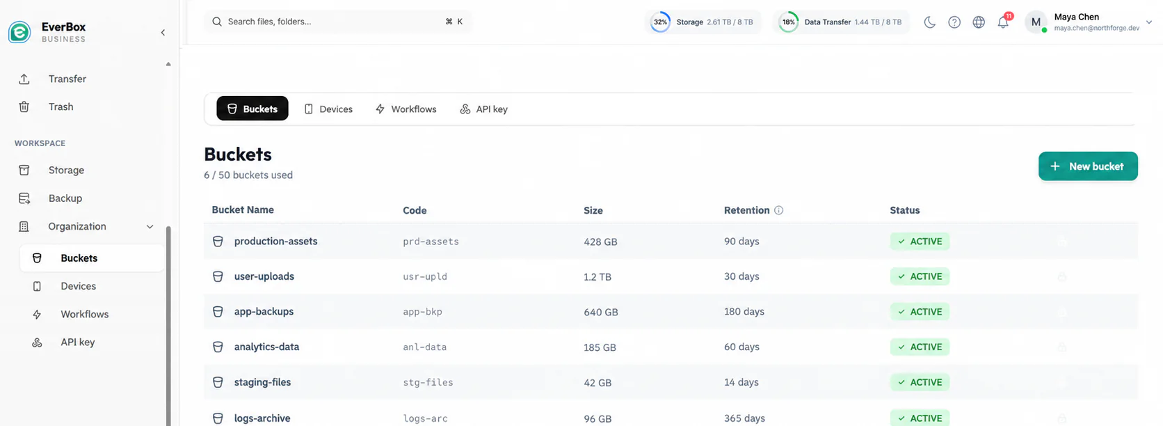 EverBox-Business-Dashboard mit sechs Cloud-Speicher-Buckets für Anwendungsdateien, Uploads, Backups und Analytics.
